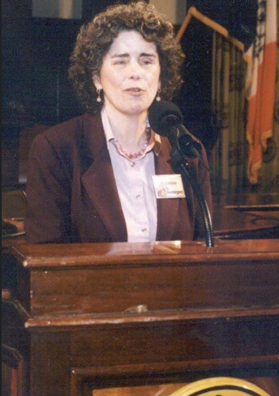 Photo of Dr. Karen Gourgey standing at a podium addressing the audience.